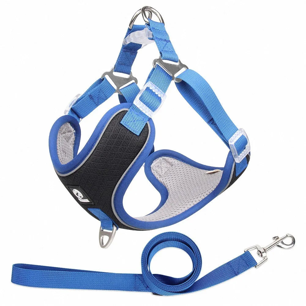 Adjustable mesh dog harness with reflective strips in black, red, grey, or light purple.