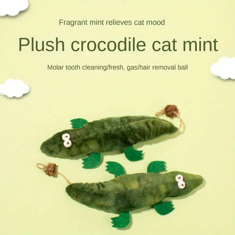 Green plush alligator catnip toy measuring 19 cm with peppermint scent for oral cleansing