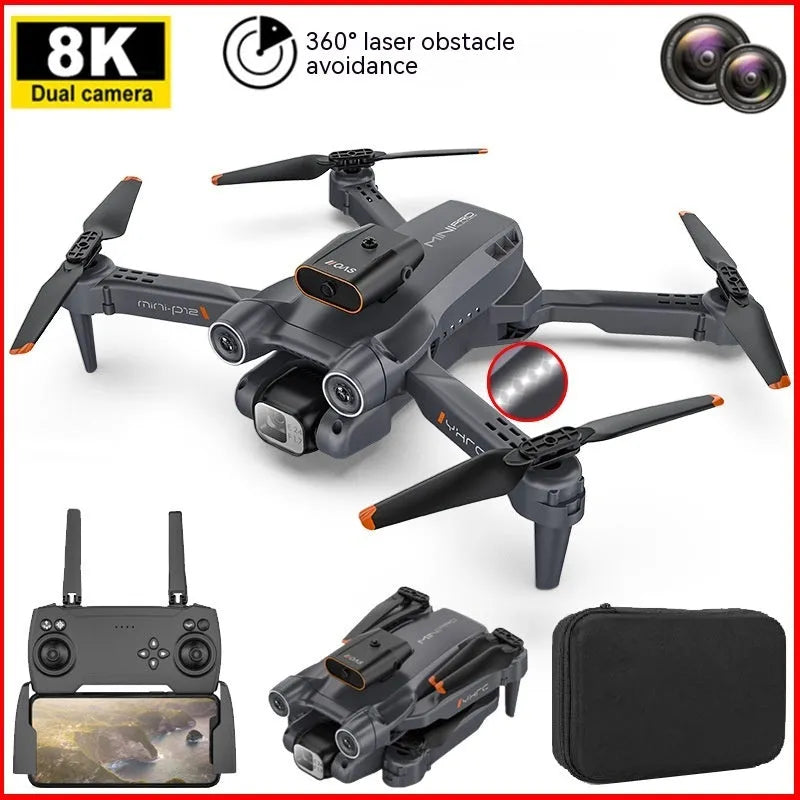 Black and orange remote-controlled quadcopter drone with camera mounted and folding arms