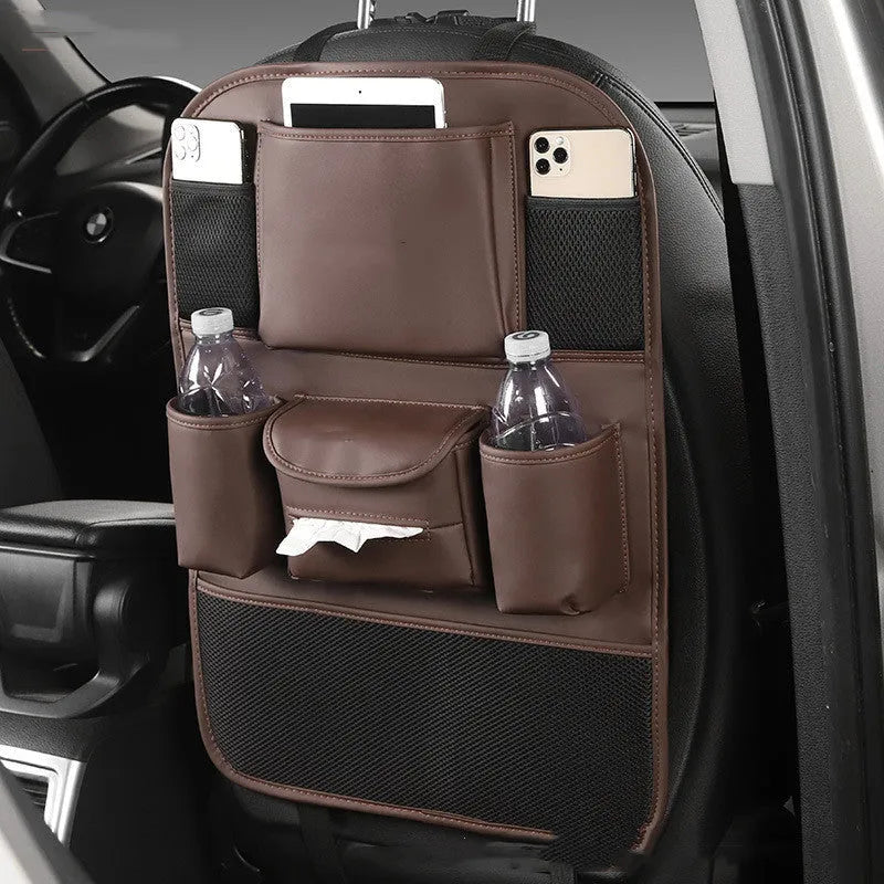 Leather car seat back storage bag in suspended design shown in available colours.