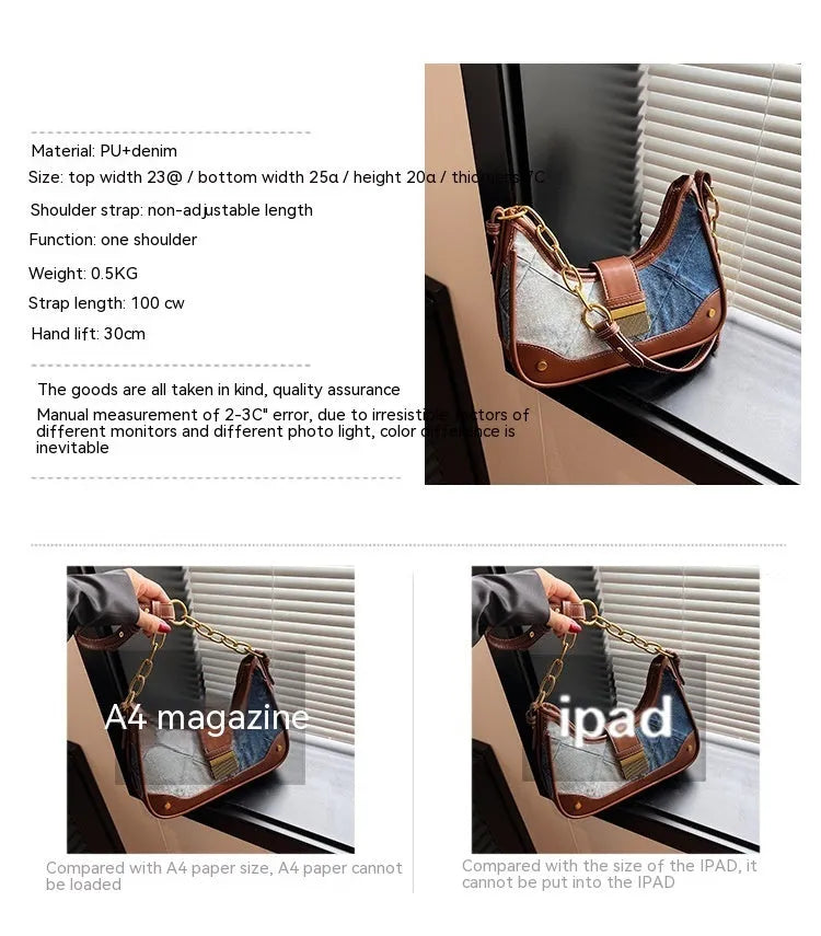 Brown denim women's shoulder bag with diamond mesh pattern and chain detail showing bucket shape