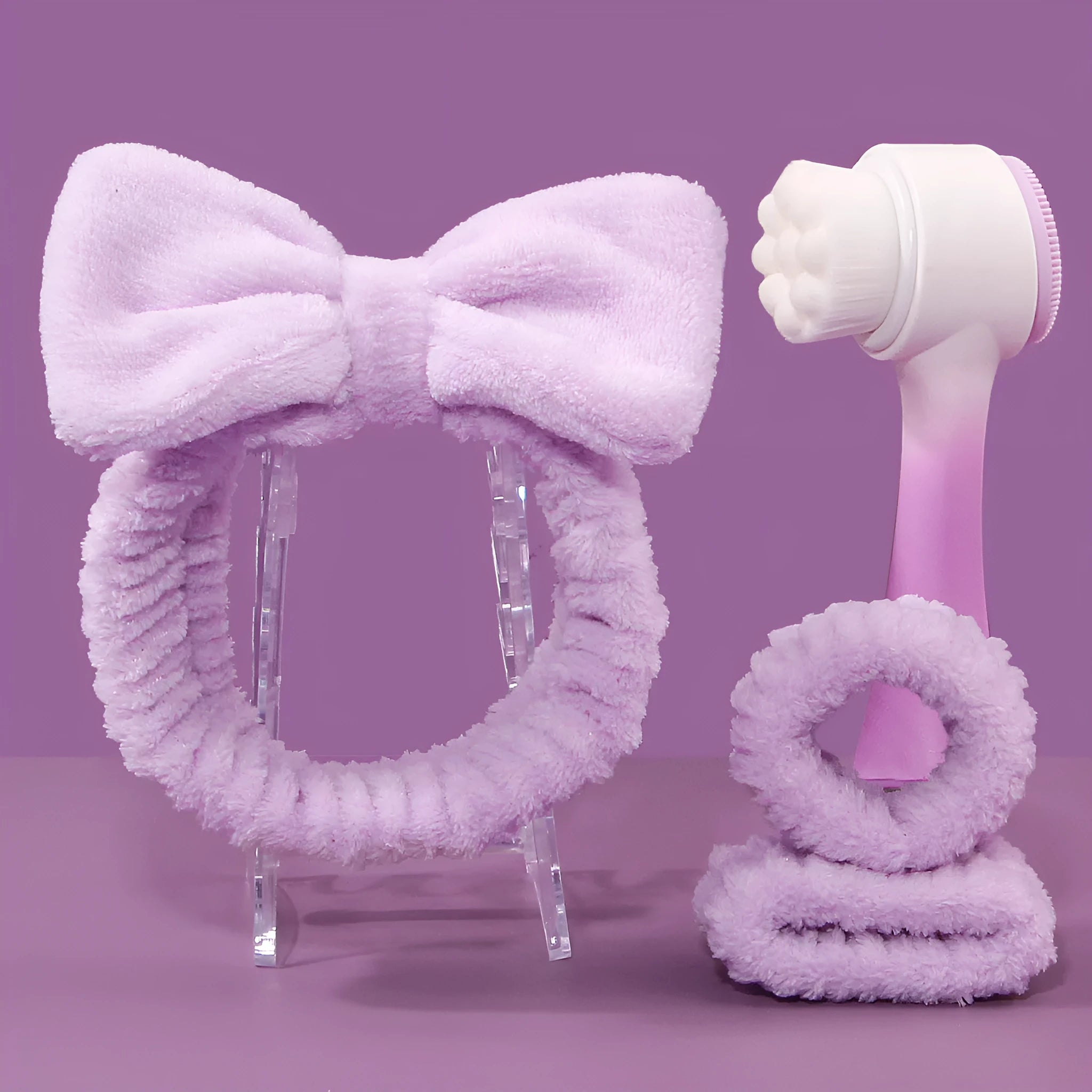 Facial brush set with coral fleece hair band and nylon bristles in multiple colour options