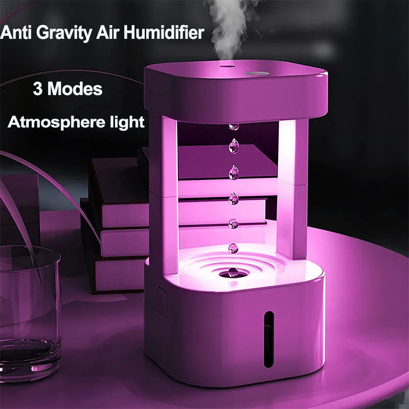Anti-gravity water drop humidifier, 580ml, USB Type-C, 12.5 x 12.5 x 23.5cm ABS body, Coloured light or White