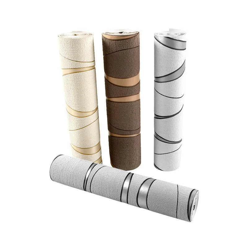 Close-up of dark brown curve stripe 3D velvet texture decorative wallpaper roll