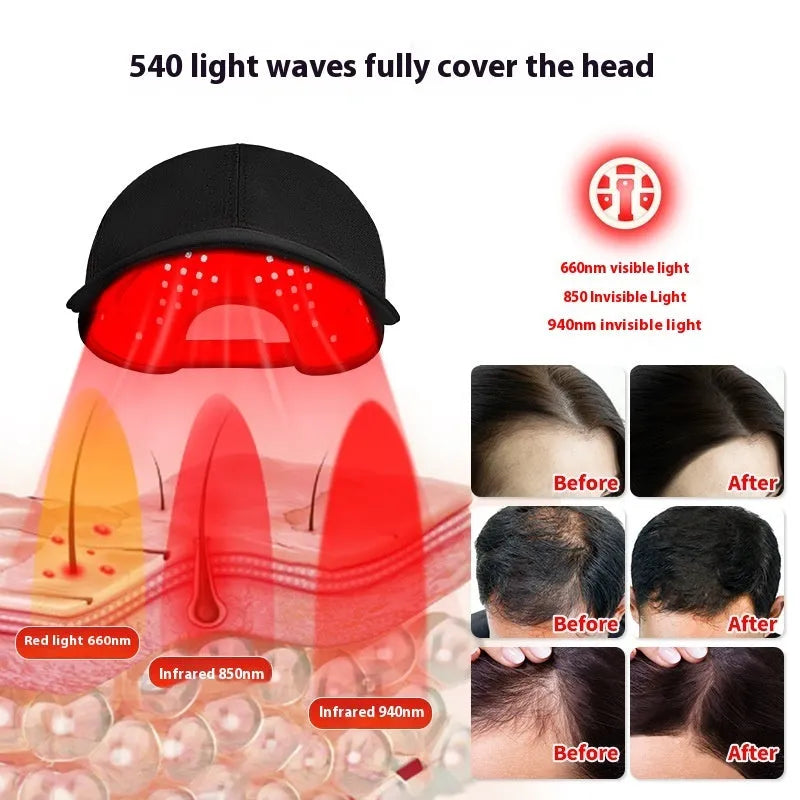 Black infrared peaked cap for hair growth with LED light strips and separate controller