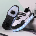 Charging flash rollerskates with LED lights in black, pink, purple, and white colours