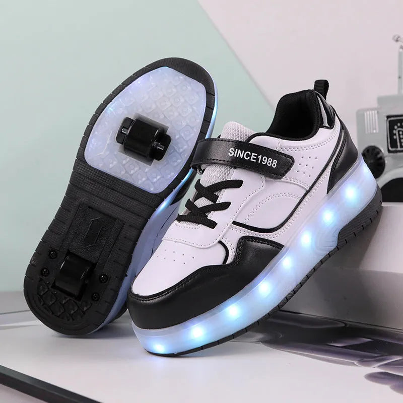 Charging flash rollerskates with LED lights in black, pink, purple, and white colours