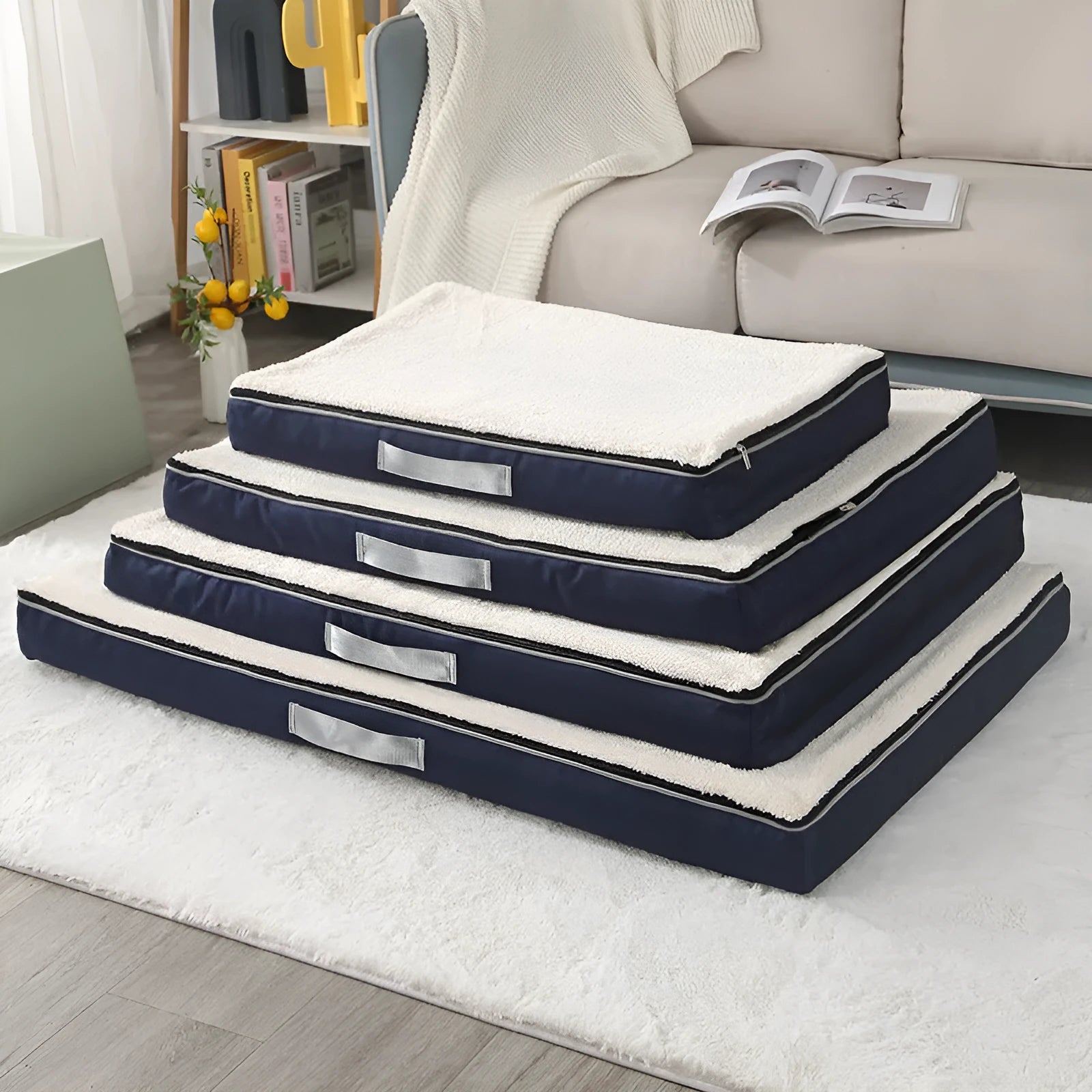 Removable washable memory sponge dog mat in brown, dark grey, khaki, or white and blue.
