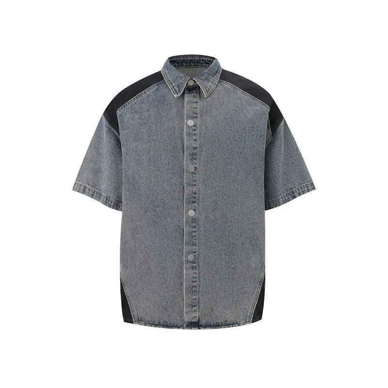 Retro washed denim short-sleeved jacket and trousers suit set in black colour