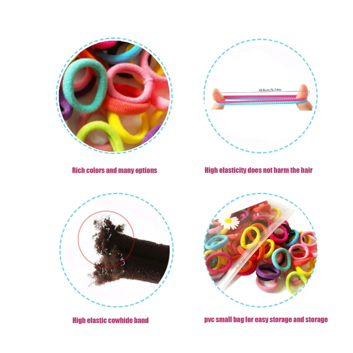 100 multicolour seamless cotton toddler hair ties in small jar packaging