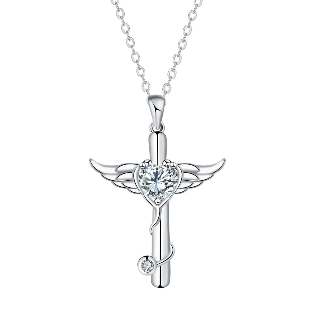 Cross stethoscope pendant necklace with wings charm in copper with electroplated finish