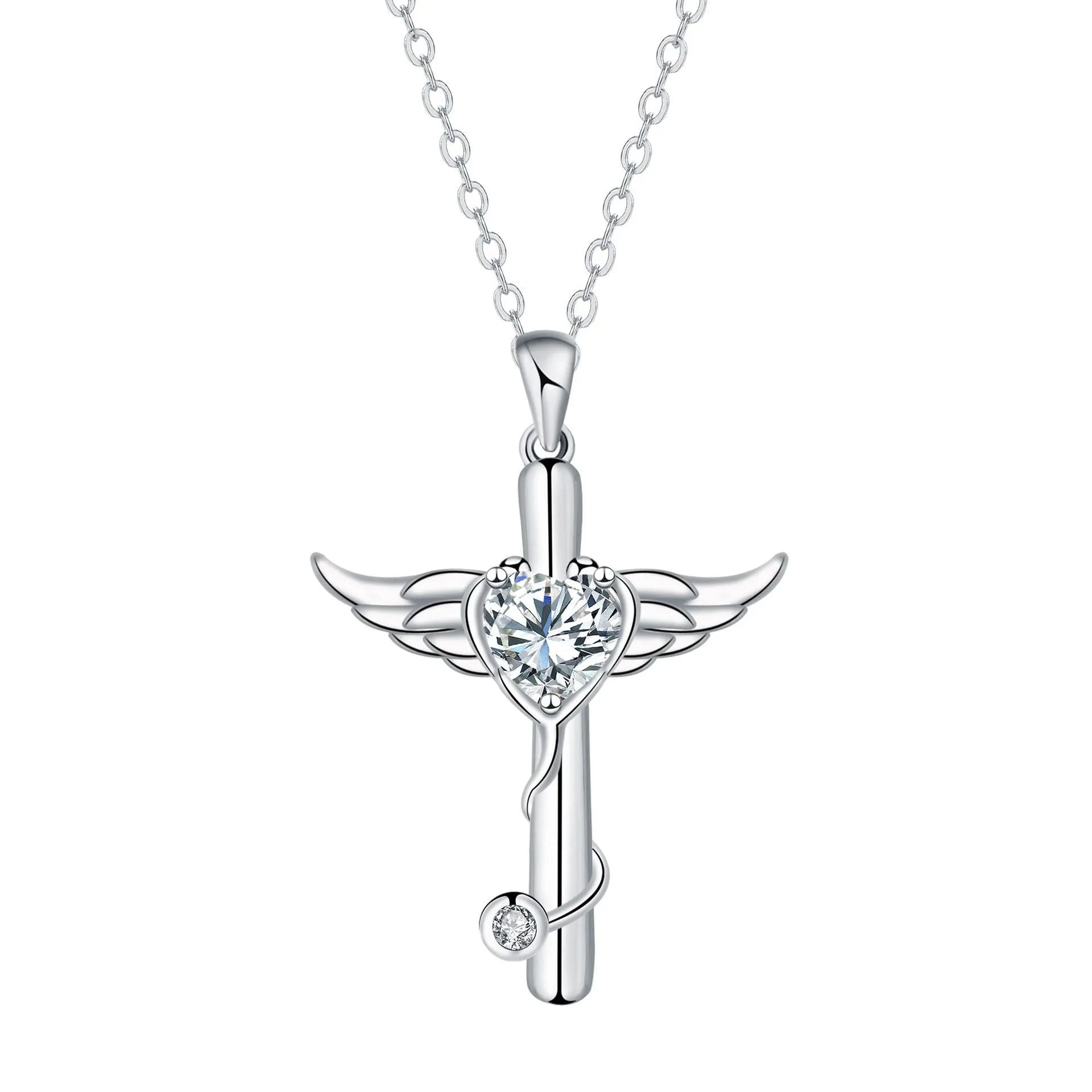 Cross stethoscope pendant necklace with wings charm in copper with electroplated finish