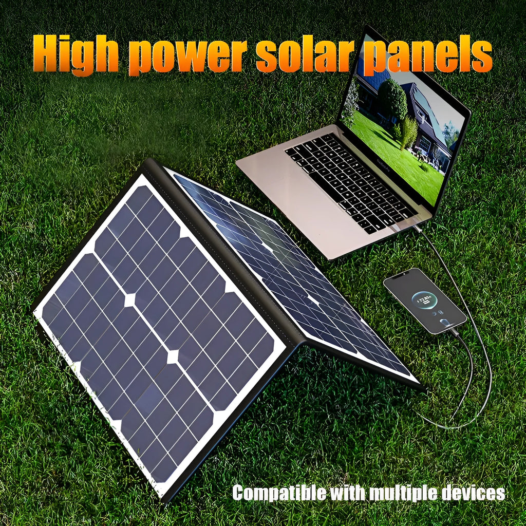 Black folding bag portable solar panel charger showing 40W power and folded size.