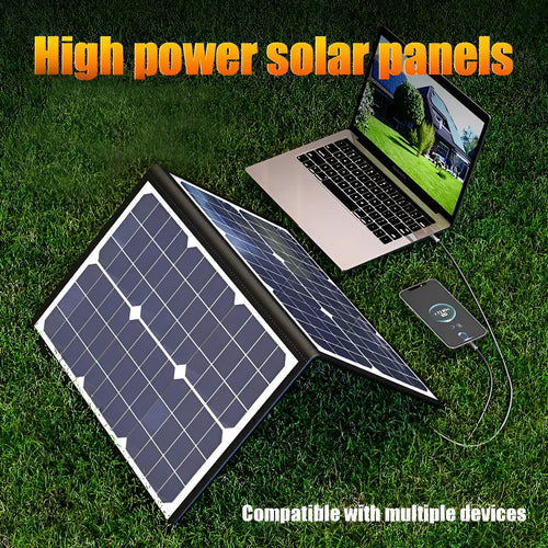 Black folding bag portable solar panel charger showing 40W power and folded size.