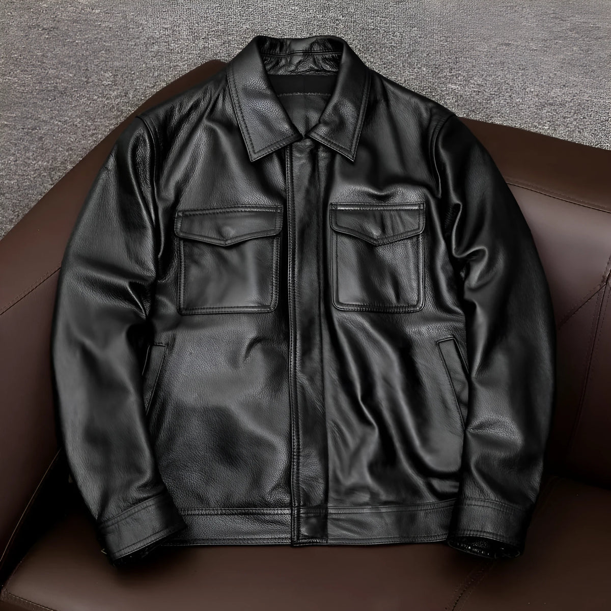 Man wearing a brown retro-style PU leather jacket with a lapel collar and side pockets.