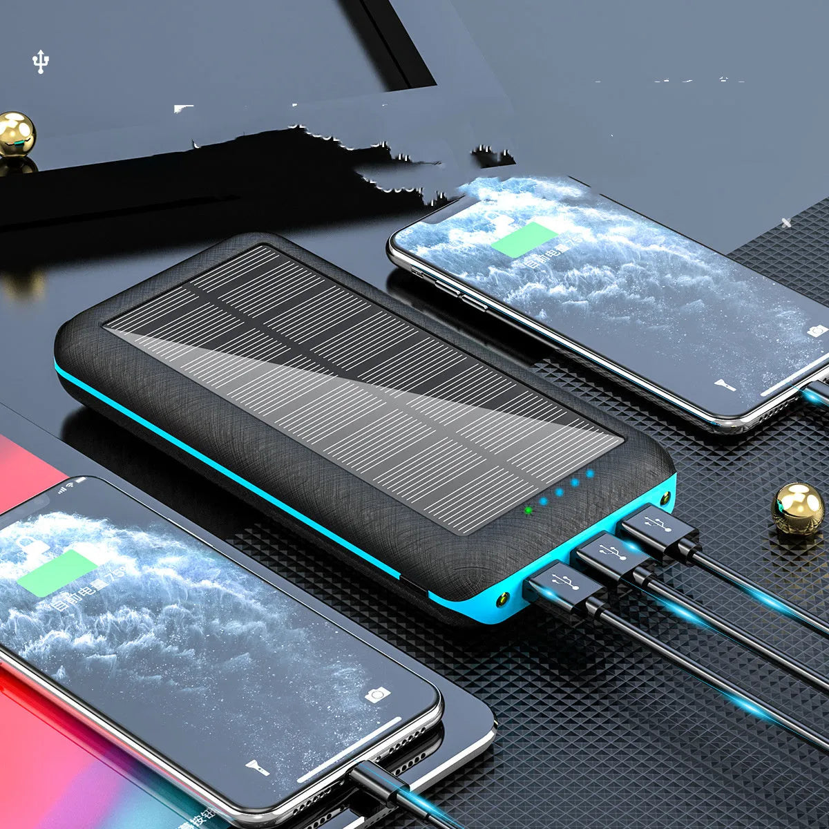 Black solar power bank with wireless charging pad, three USB ports, and an LED flashlight.