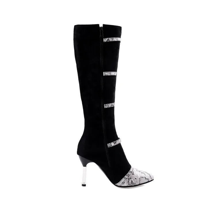 Women's knee high boots with thin 9cm heels in black and grey colours