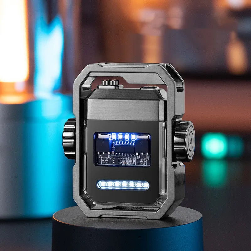 Windproof double arc electric lighter with mechanical gyroscope in zinc alloy construction showing folding design