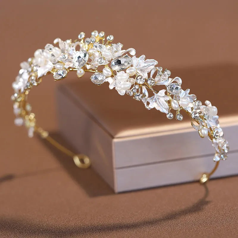 Alloy pearl crown headdress in gold or silver finish for women's hair accessories
