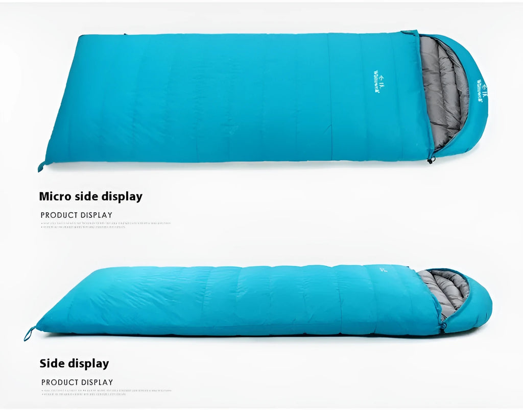 Black outdoor sleeping bag with goose down filler and tear-resistant nylon fabric shown on a neutral background.