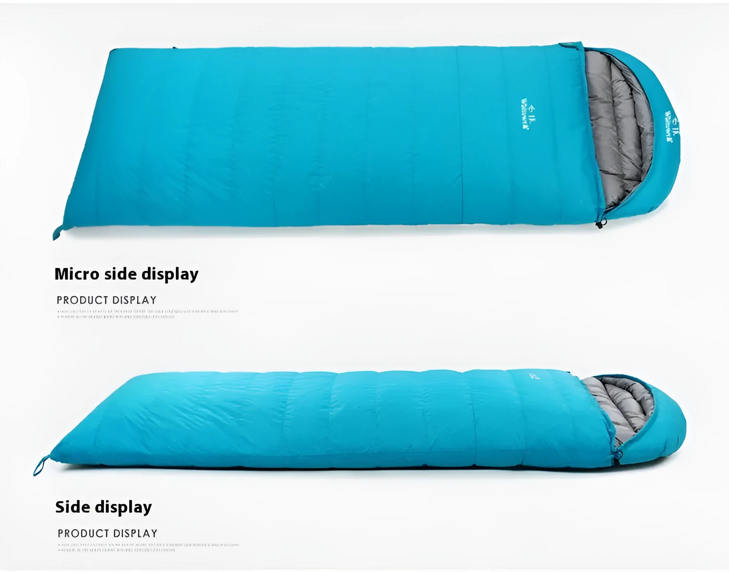 Black outdoor sleeping bag with goose down filler and tear-resistant nylon fabric shown on a neutral background.