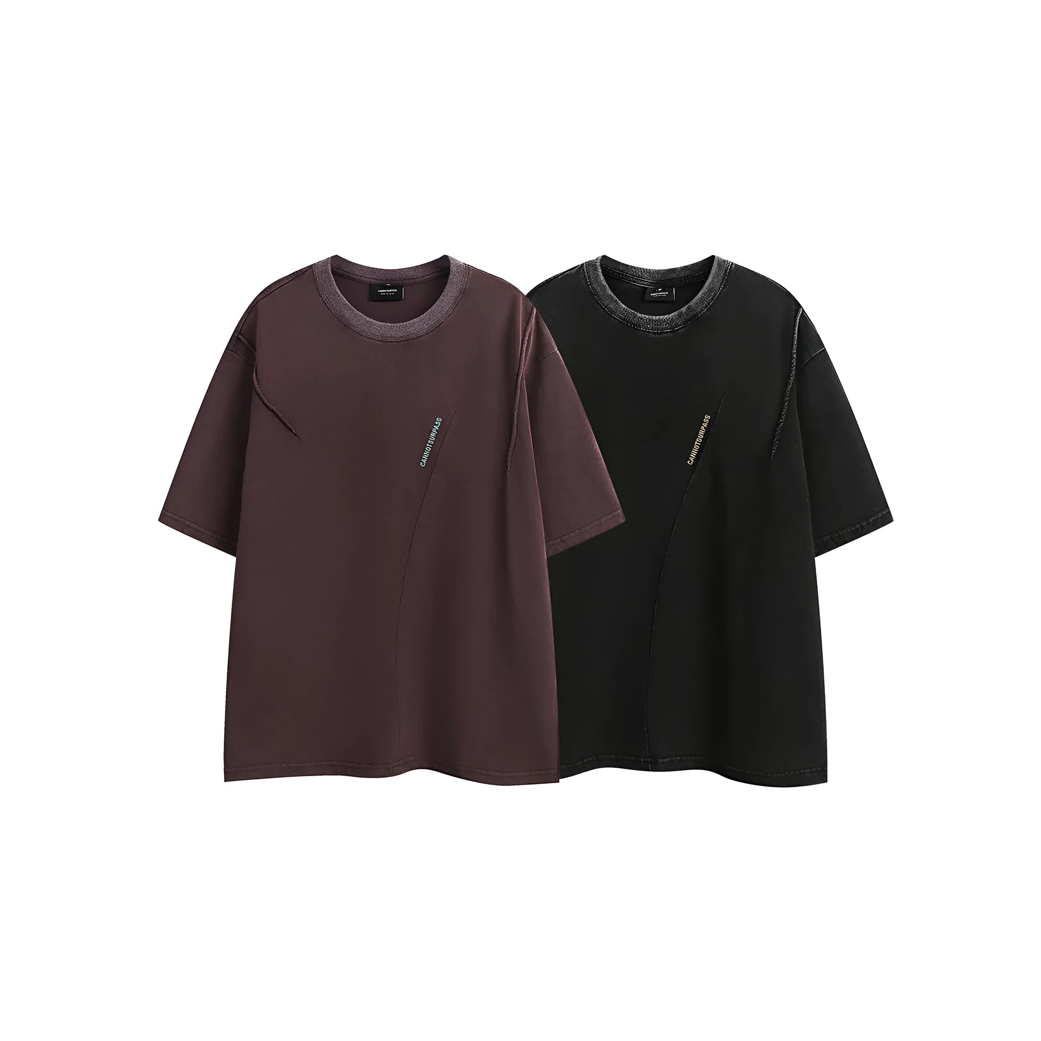 Purple and black loose-fit cotton t-shirt with retro half-sleeve design on hanger