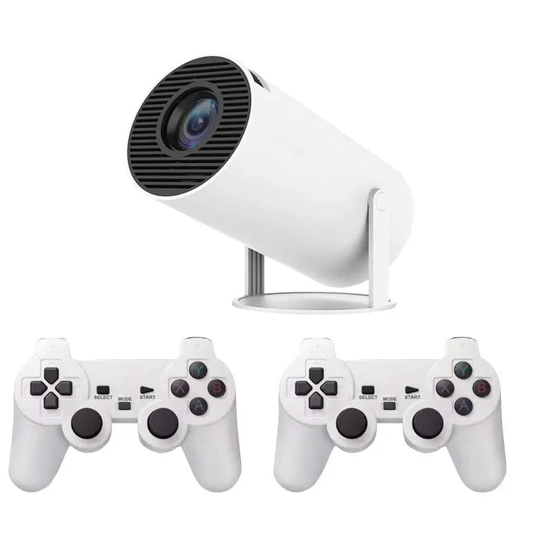 White Barrel X10 PLUS portable projector with gamepad and remote control on table