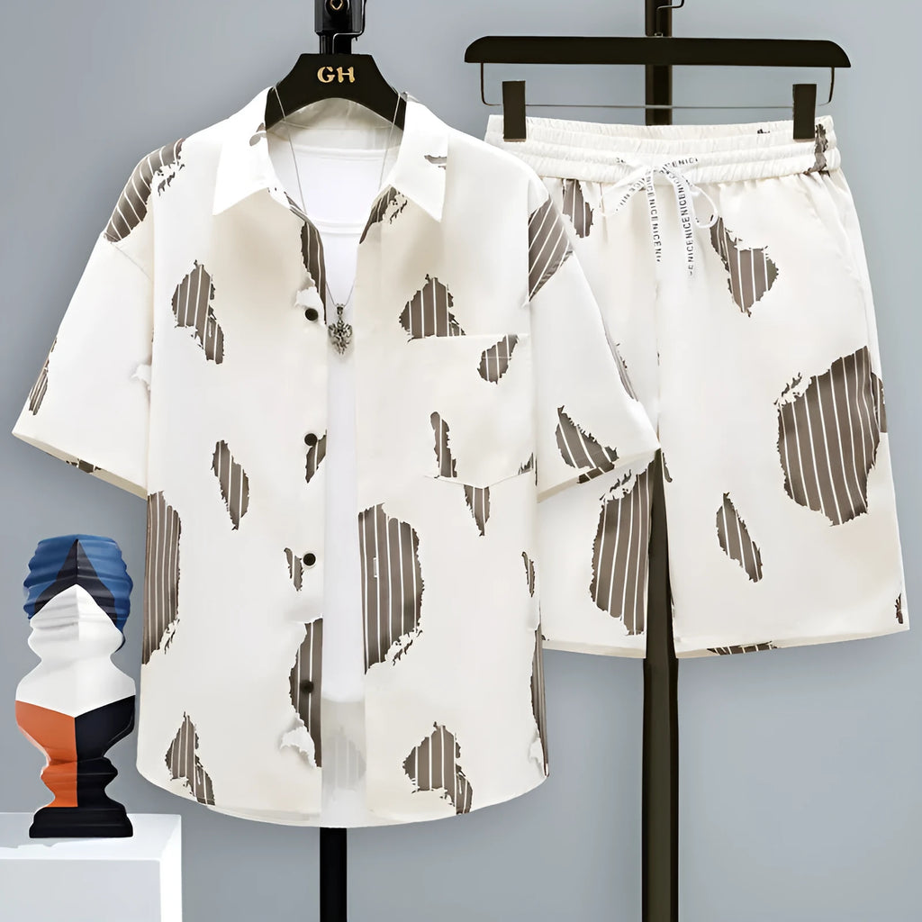 Men's polyester casual sports shorts two-piece set with matching short sleeve top