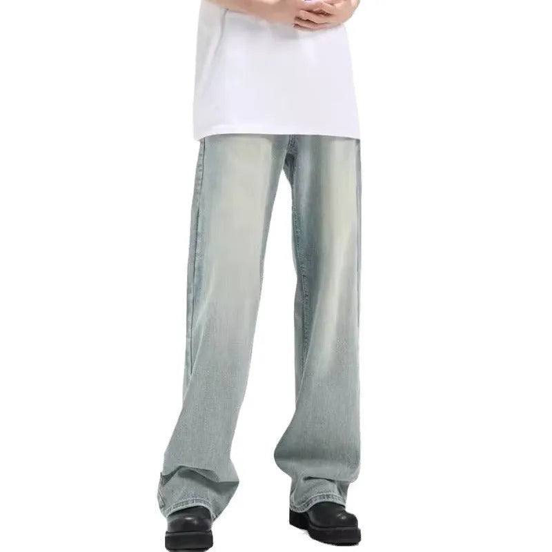 Blue loose-fit retro casual trousers with an elasticated waistband, made from rabbit fur fabric.