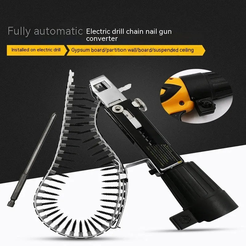 Metal chain screw gun head attachment for electric screwdrivers with storage rack and accessories