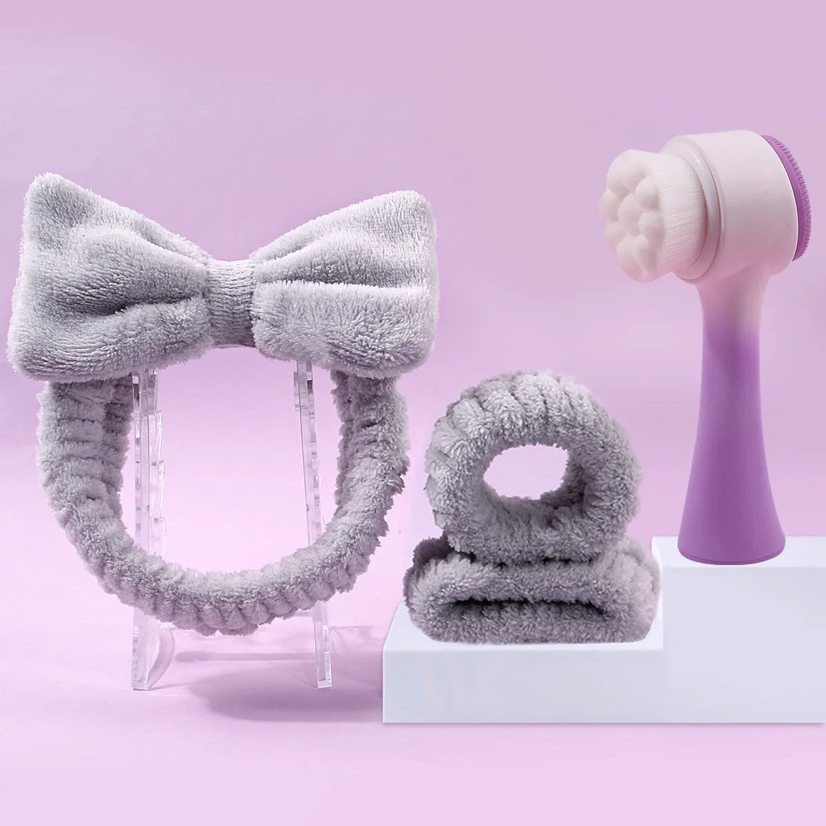 Facial brush set with coral fleece hair band and nylon bristles in multiple colour options