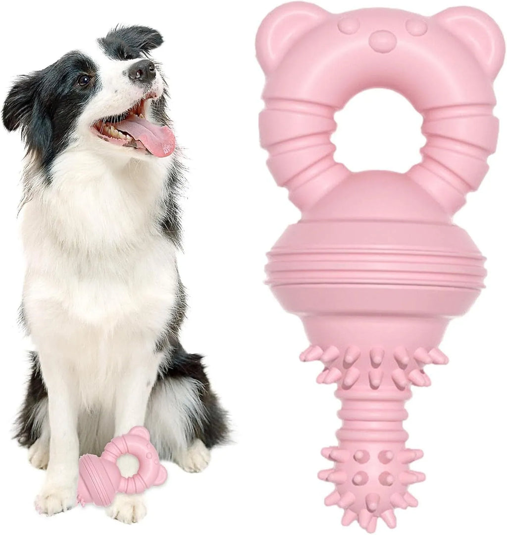 Blue molar-shaped rubber dog chew toy with textured surface for teeth cleaning.