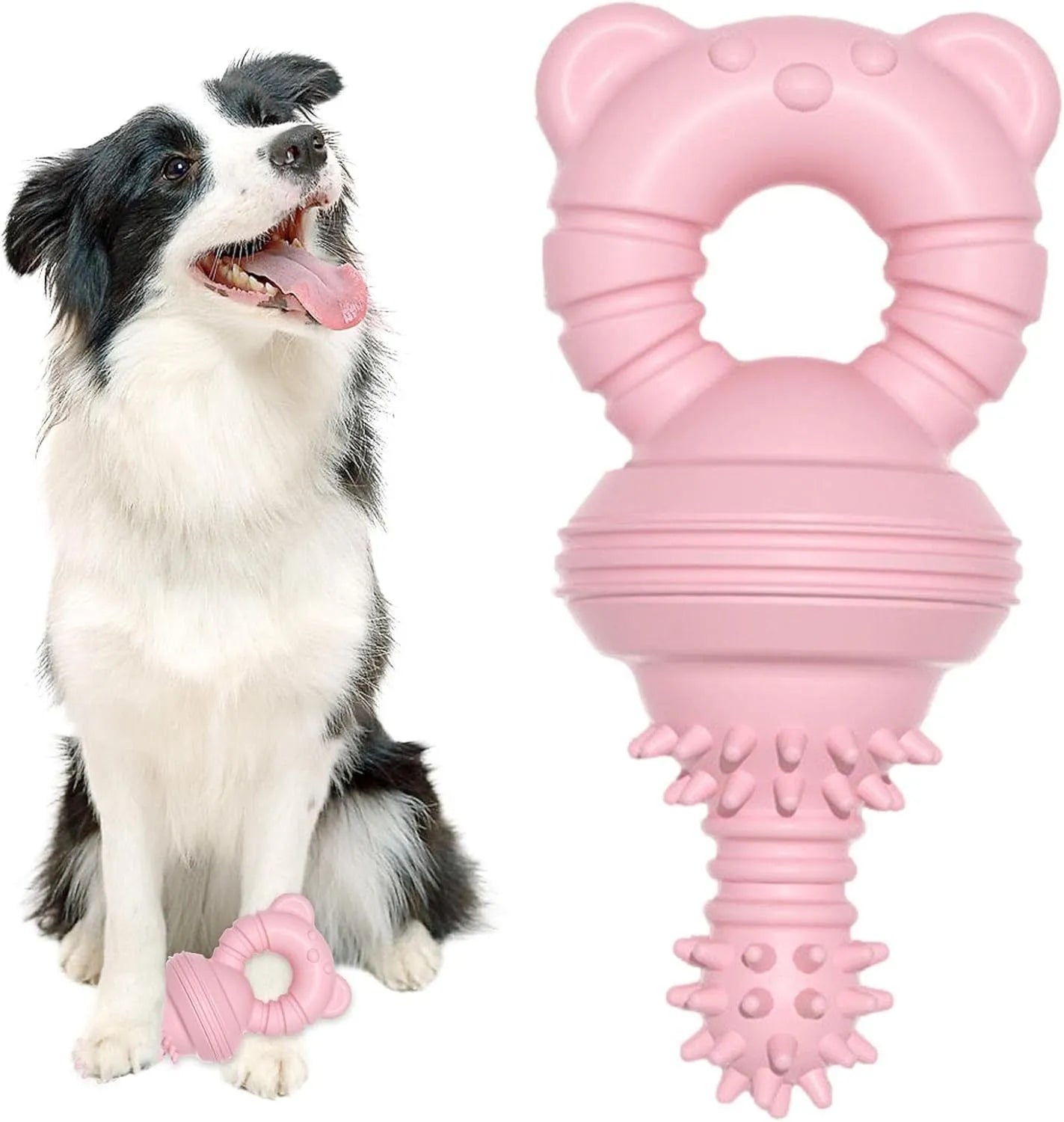 Blue molar-shaped rubber dog chew toy with textured surface for teeth cleaning.