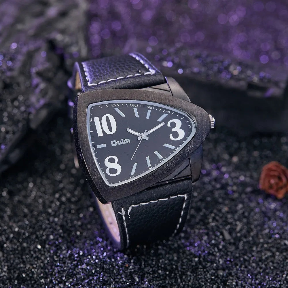 Men's brown casual quartz watch with triangle belt strap and 9mm case.