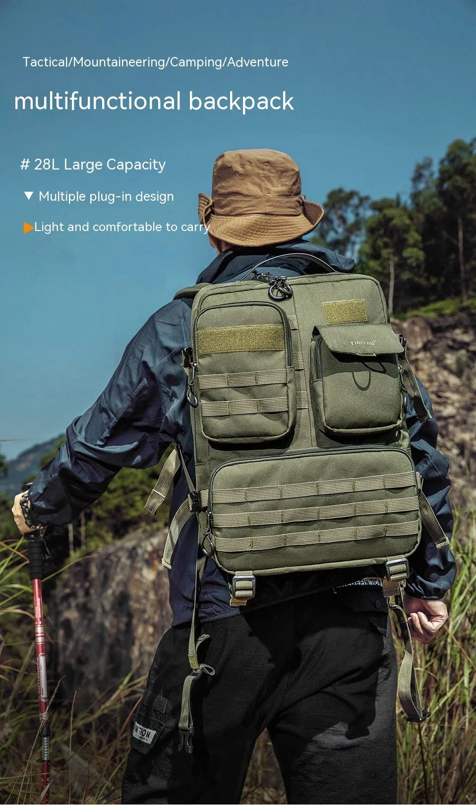 17-inch waterproof tactical backpack in army green colour with outdoor sports equipment