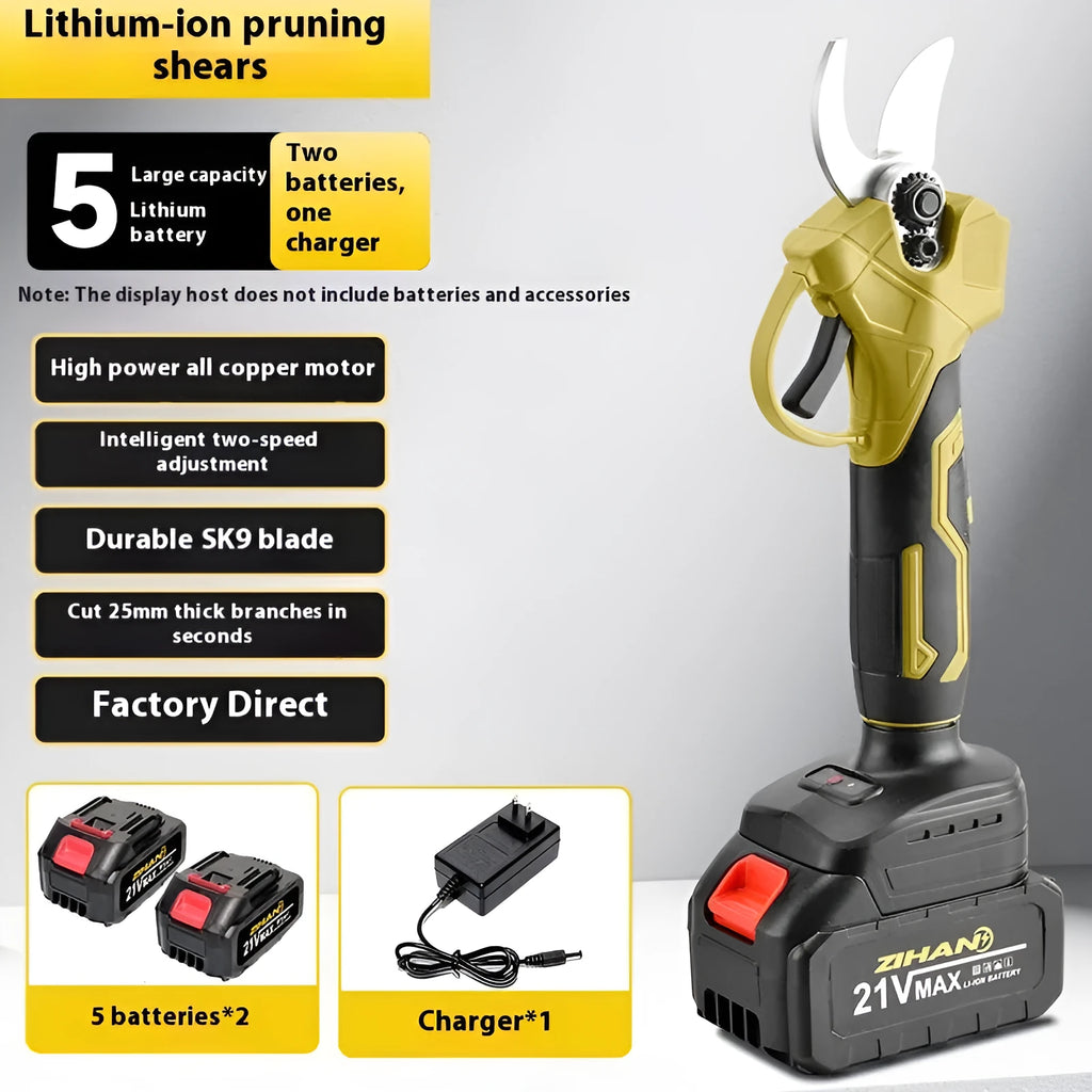 Wireless electric pruning knife with plastic storage case, two lithium batteries, and UK mains charger