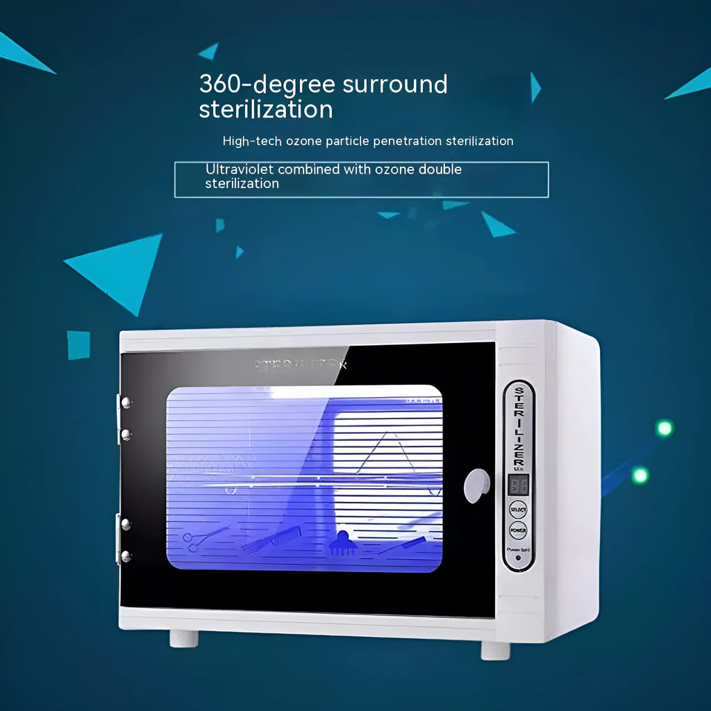 Small silver ultraviolet steriliser unit with stainless steel inner chamber for beauty tool sanitation.