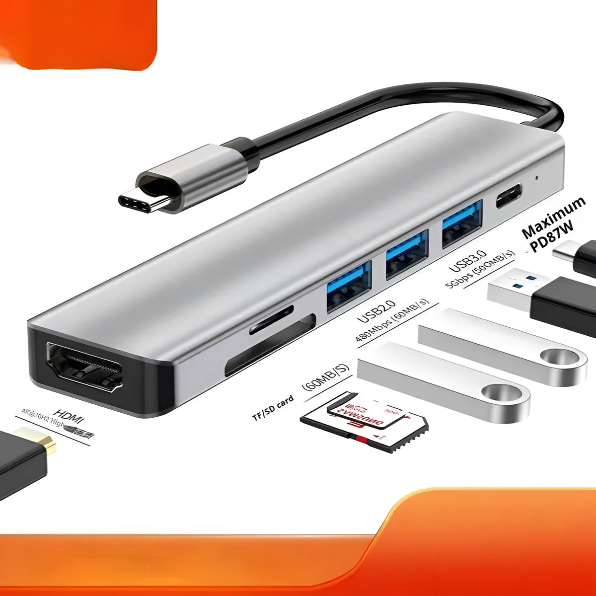 USB-C 7-in-1 expansion dock with HDMI port and multiple USB connections on a 15cm cable