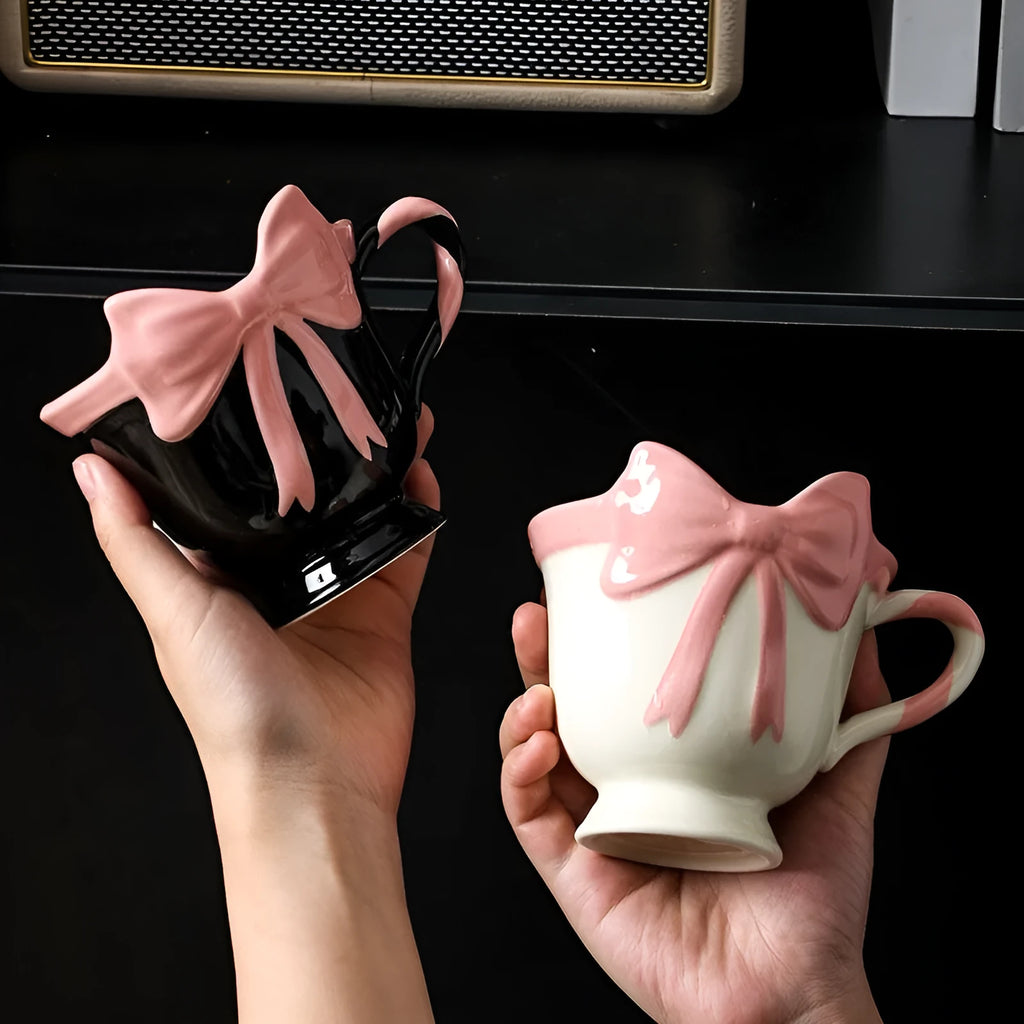 Ceramic mug with bow and heart decoration in Black Pink or White Powder colour, 301-400ml capacity