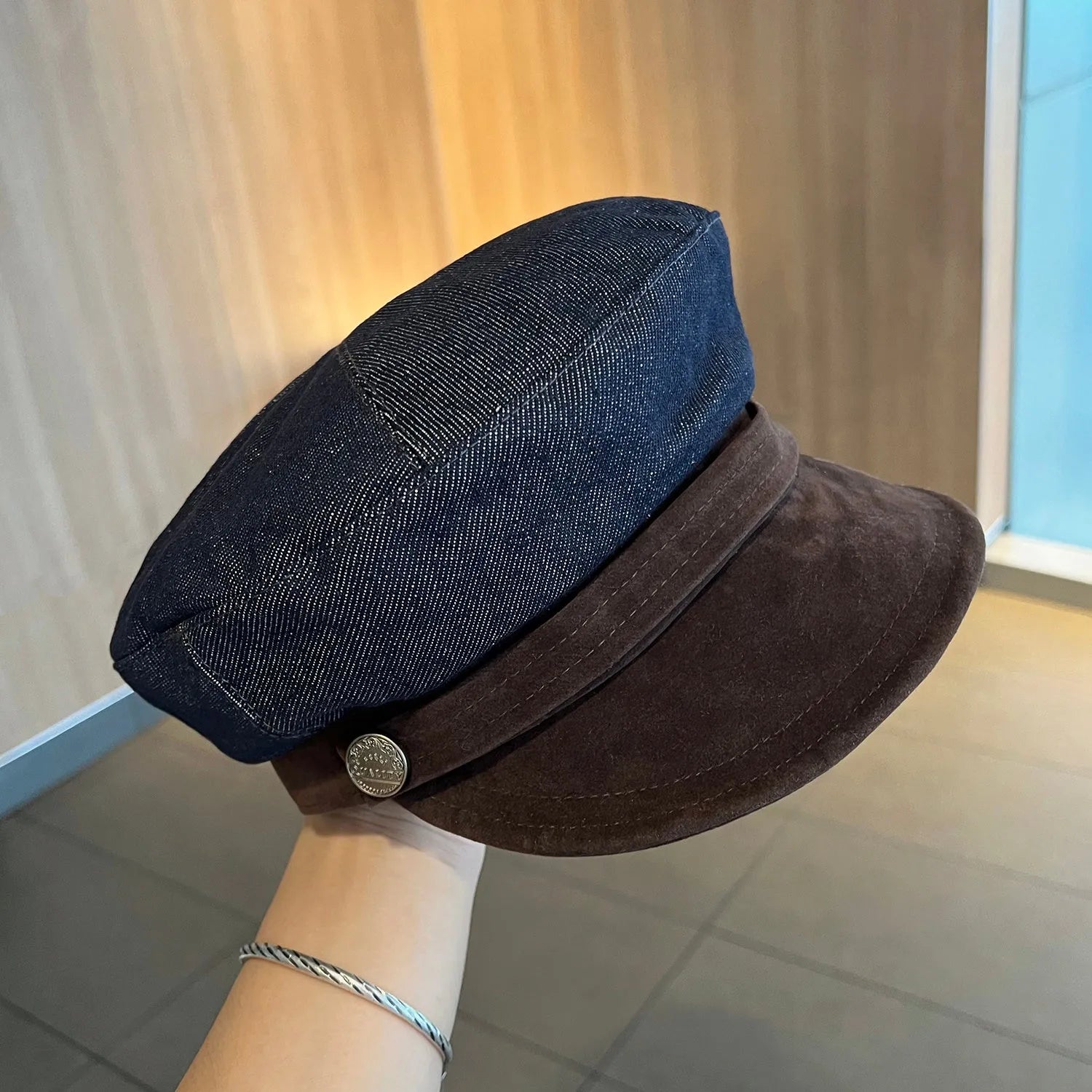 British retro octagonal denim newsboy hat with adjustable size and multiple brim colour options