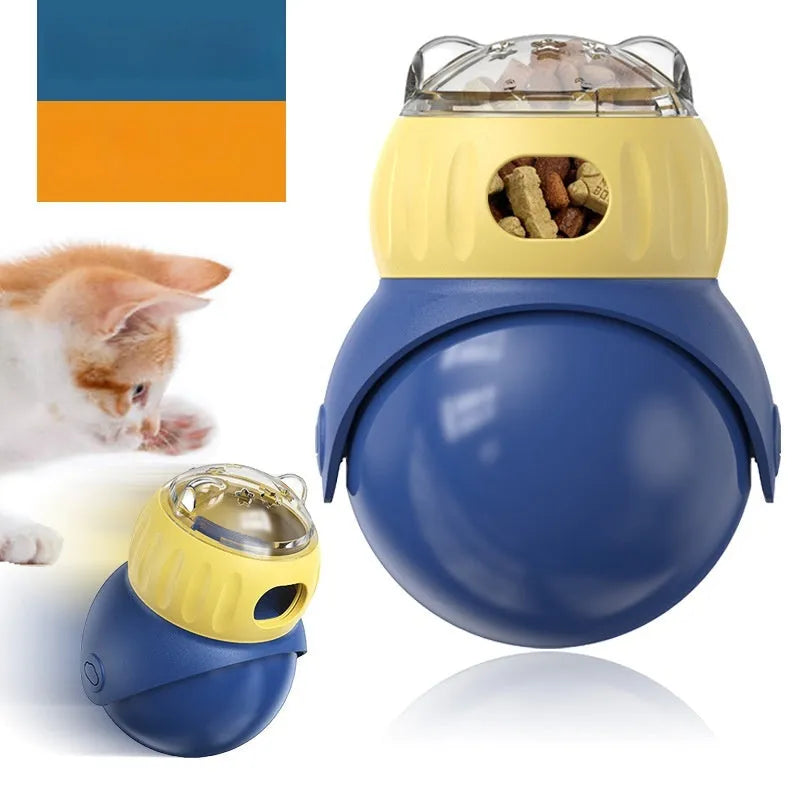 Owl-shaped plastic puzzle cat feeder in morandi yellow and blue colours for self-service food dispensing