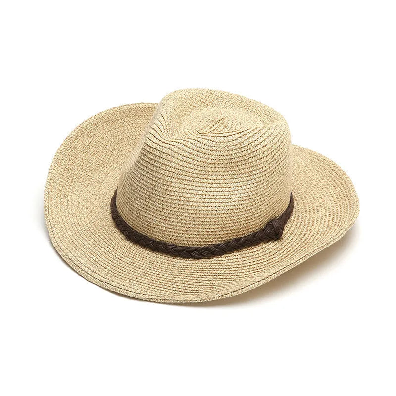 Men's foldable straw sun hat with a wide brim shown in mixed beige colour.