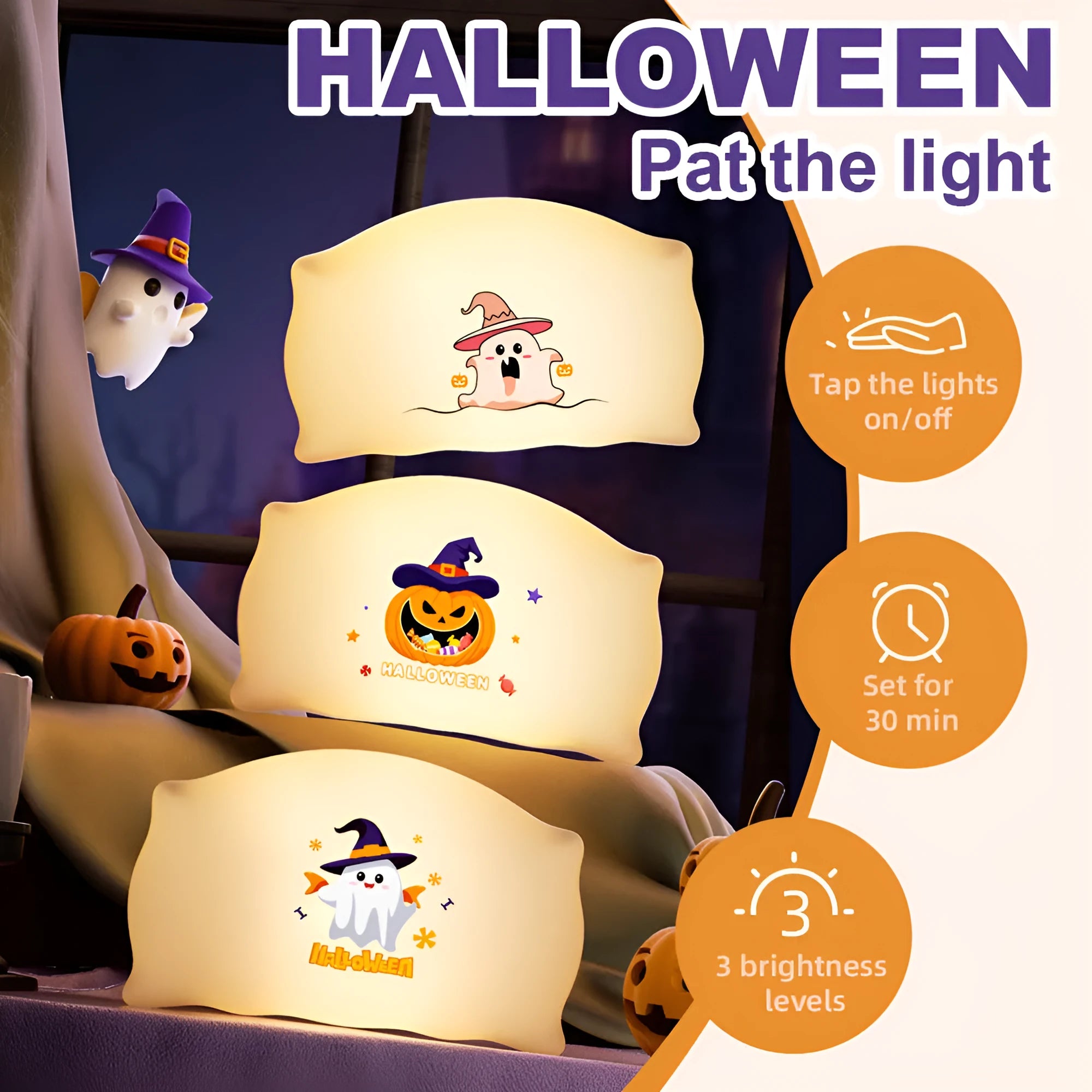 Cartoon Halloween table lamp in Magic Ghost or Pumpkin Ghost design with USB-C charging port