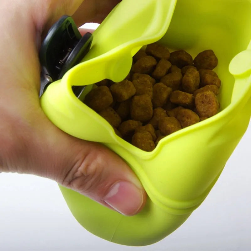 Silicone clip-on dog treat waist bag in colour choice, showing magnetic closure and belt clip.