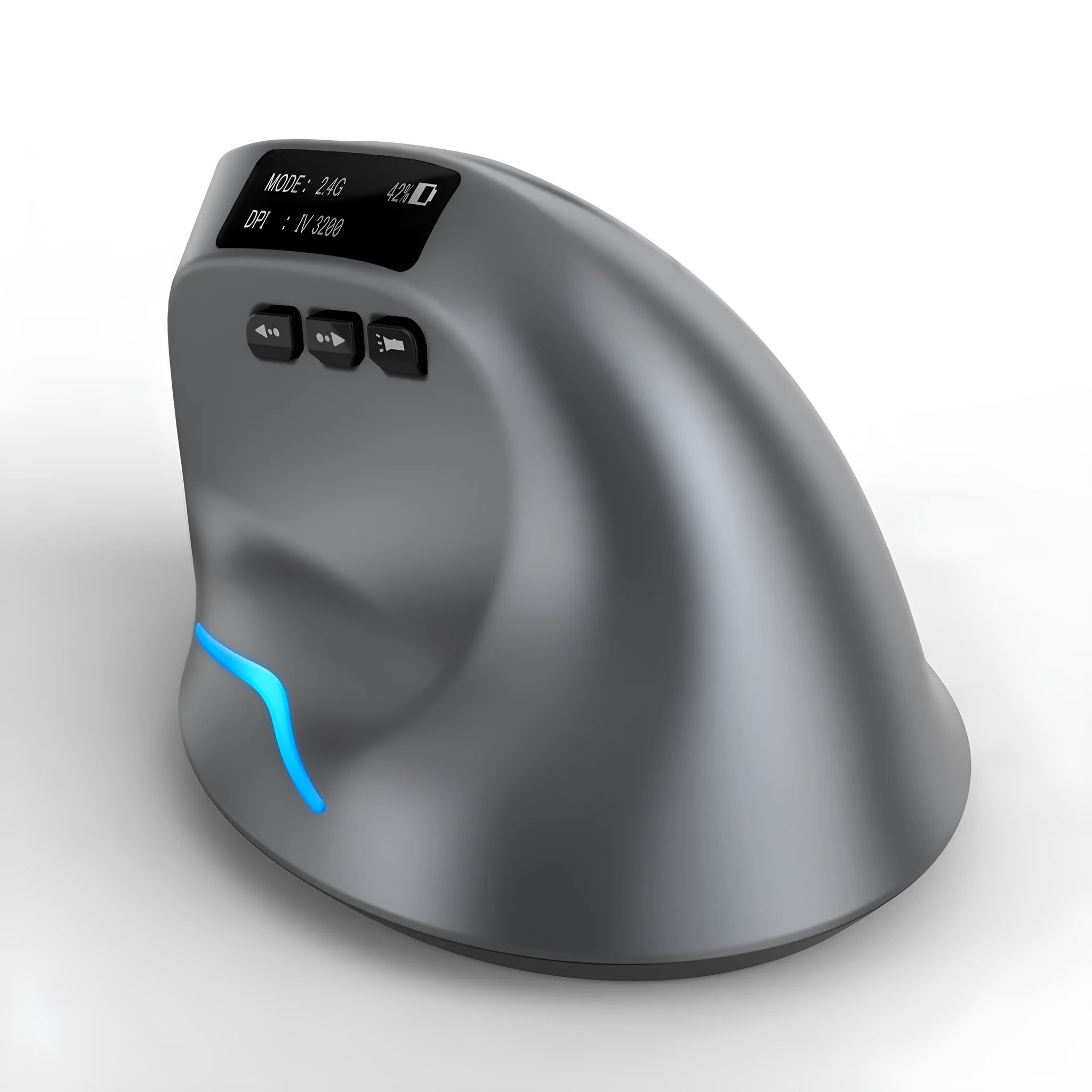 Grey vertical ergonomic mouse with wireless charging and Bluetooth connectivity for laptops