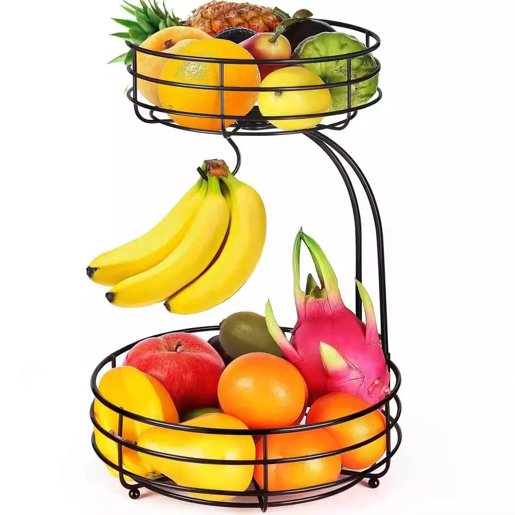 Black double-layer wrought iron fruit basket with two storage tiers for organising fruits and vegetables.