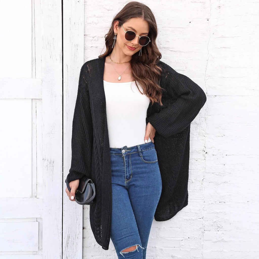 Women's loose acrylic sweater coat cardigan in solid colour options including army green, black, brown, light grey, and rose red