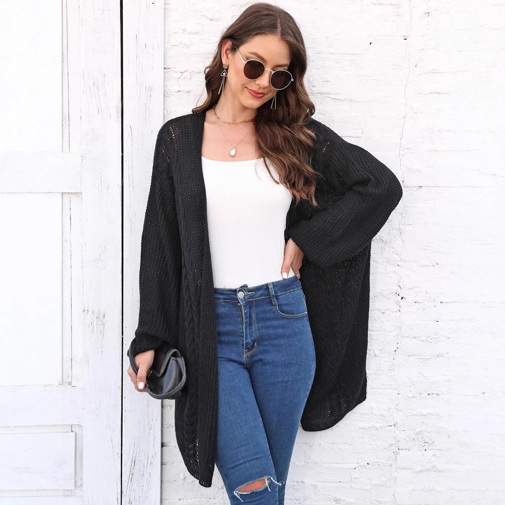 Women's loose acrylic sweater coat cardigan in solid colour options including army green, black, brown, light grey, and rose red