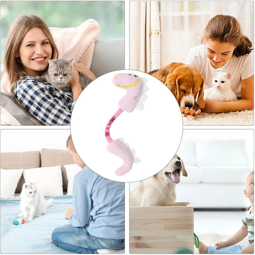 Set of four cat toys including rope, spring, and plush types in various colours