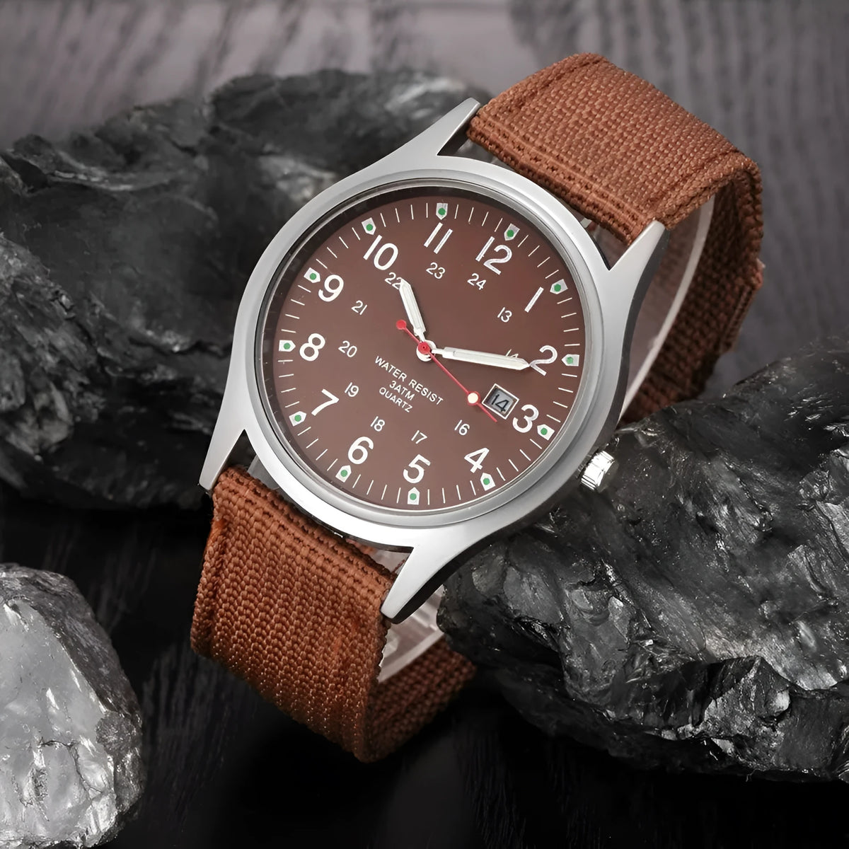 Military fabric strap watch for men, 7mm thick, sports army clock with calendar, available in 20 colours